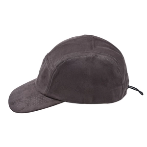 Detail of dark grey suede 5-panel camper hat featuring an adjustable rear drawstring