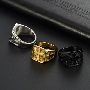 Mens square cross relief rings in silver, gold, and black colors on leather