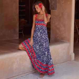 Maxi dress with blue spot print and red scalloped trim for summer vacation style