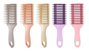 Detailed set of five vented detangling hair brushes in assorted pastel colors on white background