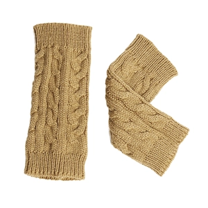Knitted cable knit wrist warmers in camel acrylic yarn with twisted braid pattern