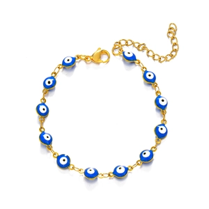 Golden evil eye bracelet with blue enamel beads and adjustable chain on white background