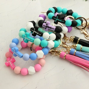 Silicone Bead Wristlet Keychain With PU Leather Tassel Cross Rabbit Charms Bracelet For Women Easter Gift Bag Pendant