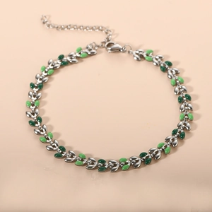 Silver olive leaf bracelet with green enamel detail and 18K gold plated clasp finish