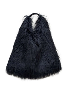 Y2K style black faux fur tote bag with large capacity and fluffy plush texture
