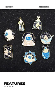 Detailed set of eight enamel space-themed pins featuring astronauts and starry whales