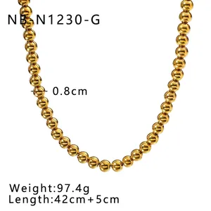 Detailed specs of golden bead necklace featuring 0.8cm bead diameter and 42cm chain length