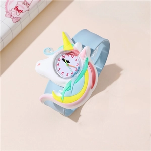 Detailed macro view of children's unicorn slap watch with pastel rainbow mane and dial