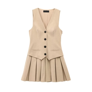 Gilet Con Scollo A V E Bottoni E Minigonna Pieghettata Da Donna Tessuto Navetta Elegante Ufficio Senza Maniche