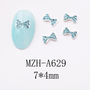 Blue rhinestone bow nail art charm, size 7x4mm, silver metal base for manicures