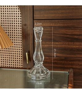 Detailed view of clear ribbed glass candlestick with 21.3cm height and 2.2cm socket size