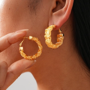 Geometric Woven Wire Hoop Earrings With Silver Earring Post Braided Texture Fashion Jewelry For Women