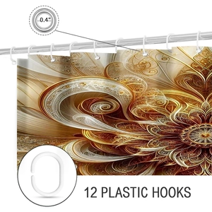 Detail of mandala shower curtain featuring metal reinforced eyelets and 12 plastic hooks