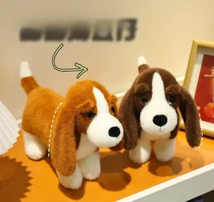 Detailed view of two soft dachshund plush toys in caramel and brown colors