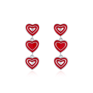 S925 sterling silver triple heart enamel long drop earrings in red and silver finish