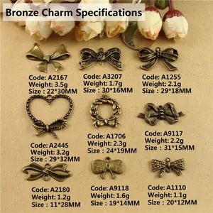 Vintage bronze zinc alloy bow and heart pendant set for DIY jewelry making accessories