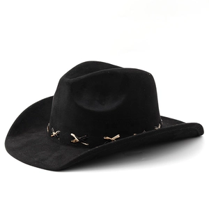 Classic black suede western cowboy hat with golden metal cross buckle decoration
