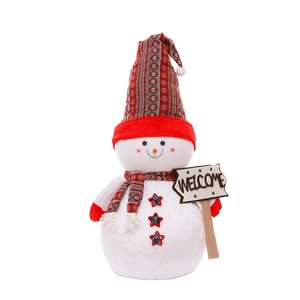 Large Christmas snowman plush figure with striped hat and WELCOME sign on white background