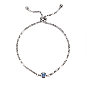 Adjustable stainless steel box chain bracelet featuring a round blue birthstone centerpiece