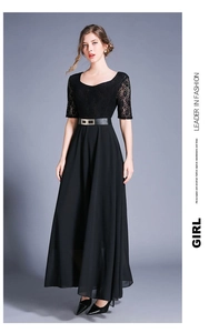 Detail of elegant black lace bodice and chiffon skirt with leather belt on dress