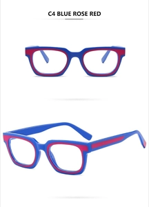 Detail view of stylish blue and rose red two-tone frame glasses with 2024 retro design