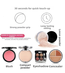 Macro shot of makeup texture showing blush, powder and concealer for set application