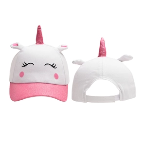 White unicorn kids baseball cap with pink sequin brim and 3D horn plus ears design