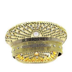 Front view of a luxury gold captain hat with rhinestones and metal star details