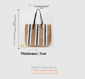 Detailed dimension chart of striped straw tote bag showing 46cm length and 38cm height