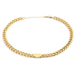 Golden stainless steel Cuban chain set with rectangular charm and adjustable clasp