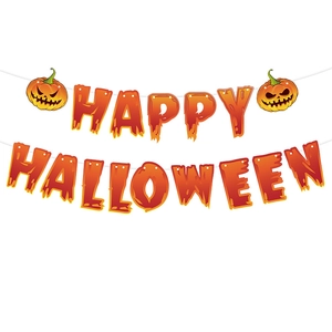 Halloween Happy Halloween banner with dripping orange pumpkin and bat party decorations