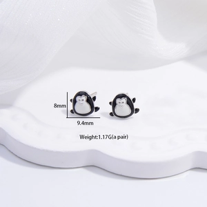 Cute S925 sterling silver penguin stud earrings with black and white enamel finish
