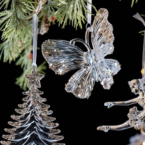 Décorations de Noël en acrylique transparent avec paillettes argentées sur branche de pin
