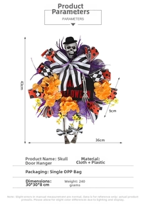 Dettaglio ghirlanda di Halloween con teschio, rete viola e scritta Happy Halloween