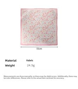 Pink floral cotton linen head scarf detail showing 55cm square size and fabric texture