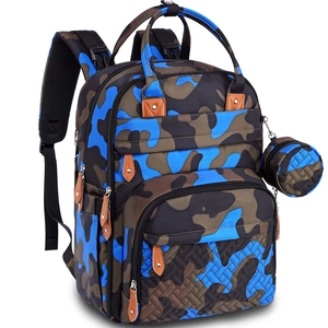 Detail of blue camouflage diaper bag with leather zipper pulls and side coin purse