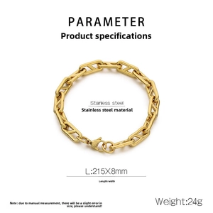 Detail view of a 215mm gold stainless steel chain bracelet with product dimensions