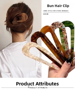 U-shaped hair pins with marbled texture shown in multiple colors and style detail