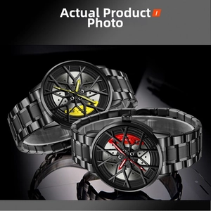 Close-up of automotive hub dial men's watches with yellow and red brake caliper details