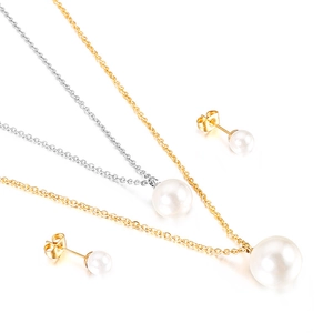 Elegant gold and silver double-layer pearl necklace and stud earrings jewelry set