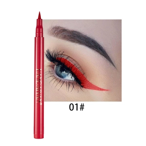 Detail of red liquid eyeliner pen with fine tip showing bright 01 shade effect on eye