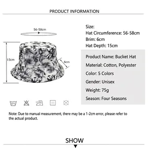 Floral print reversible bucket hat with detailed size guide and product specifications