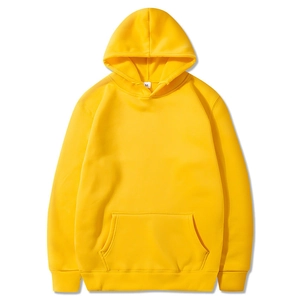 Bright yellow solid color hooded sweatshirt with kangaroo pocket on a white background