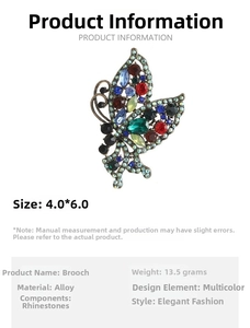 Detailed view of alloy butterfly brooch with colorful rhinestones and size specifications