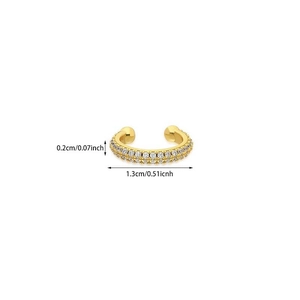 Detail showing 1.3cm x 0.2cm dimensions of gold ear cuff with white rhinestones
