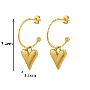 Golden titanium steel heart pendant earrings with measurements of 3.4cm by 1.1cm
