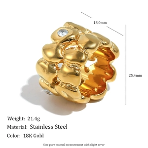 18K gold plated stainless steel chunky lava ring with two cubic zirconia gemstones