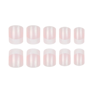 Classic French tip press-on nails in nude pink and white square shape with glossy finish