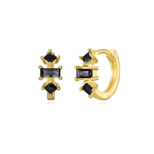 Close-up of gold-plated hoop earrings with rectangular and lozenge-cut black zircon stones