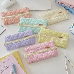 Pencil Case Quilted Rhombus Pattern Large Capacity Polyester Zipper Stationery Storage Bag Macaron Color For Students Girls